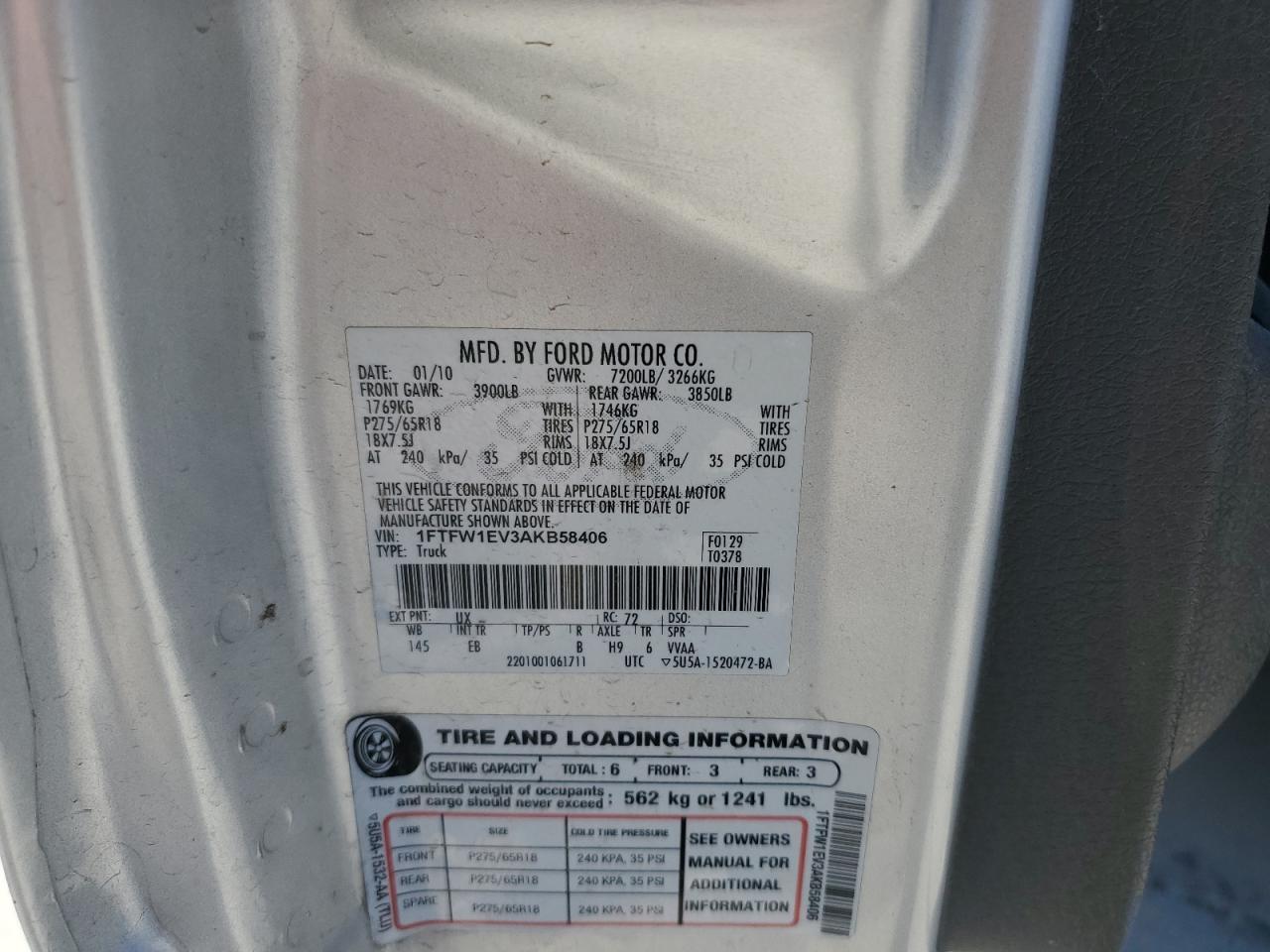 2010 Ford F150 Supercrew VIN: 1FTFW1EV3AKB58406 Lot: 70596135