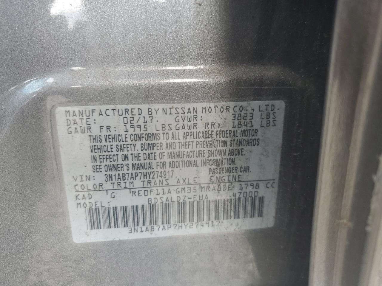 2017 Nissan Sentra S VIN: 3N1AB7AP7HY274917 Lot: 69915315