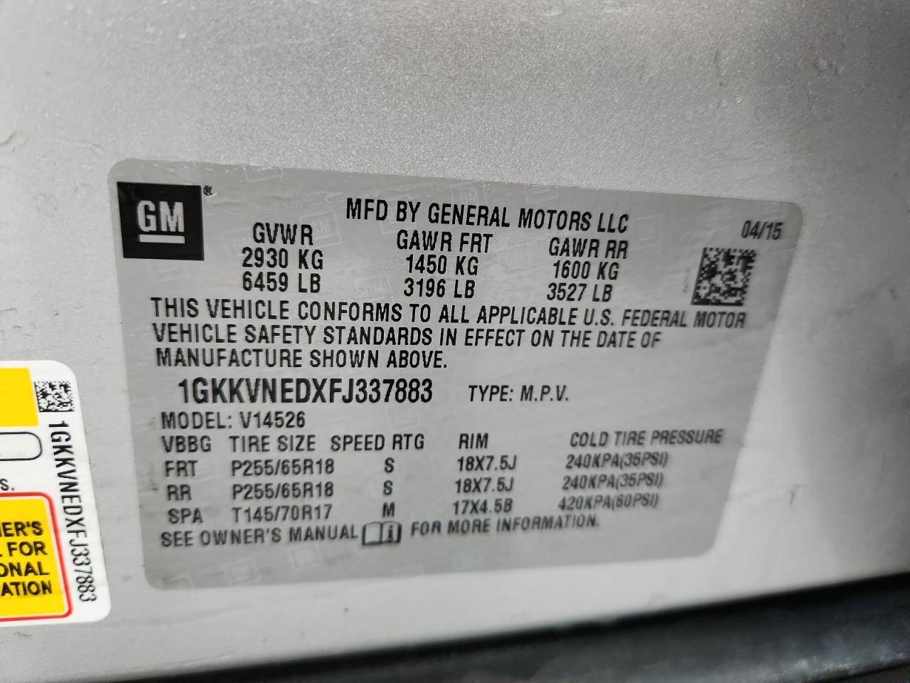 2015 GMC Acadia Sle VIN: 1GKKVNEDXFJ337883 Lot: 70491335