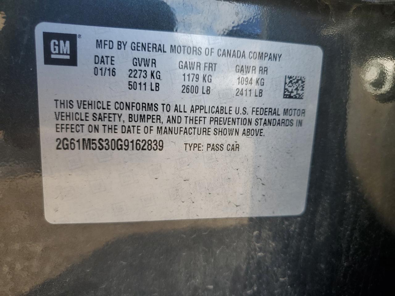 2016 Cadillac Xts Luxury Collection VIN: 2G61M5S30G9162839 Lot: 69863955