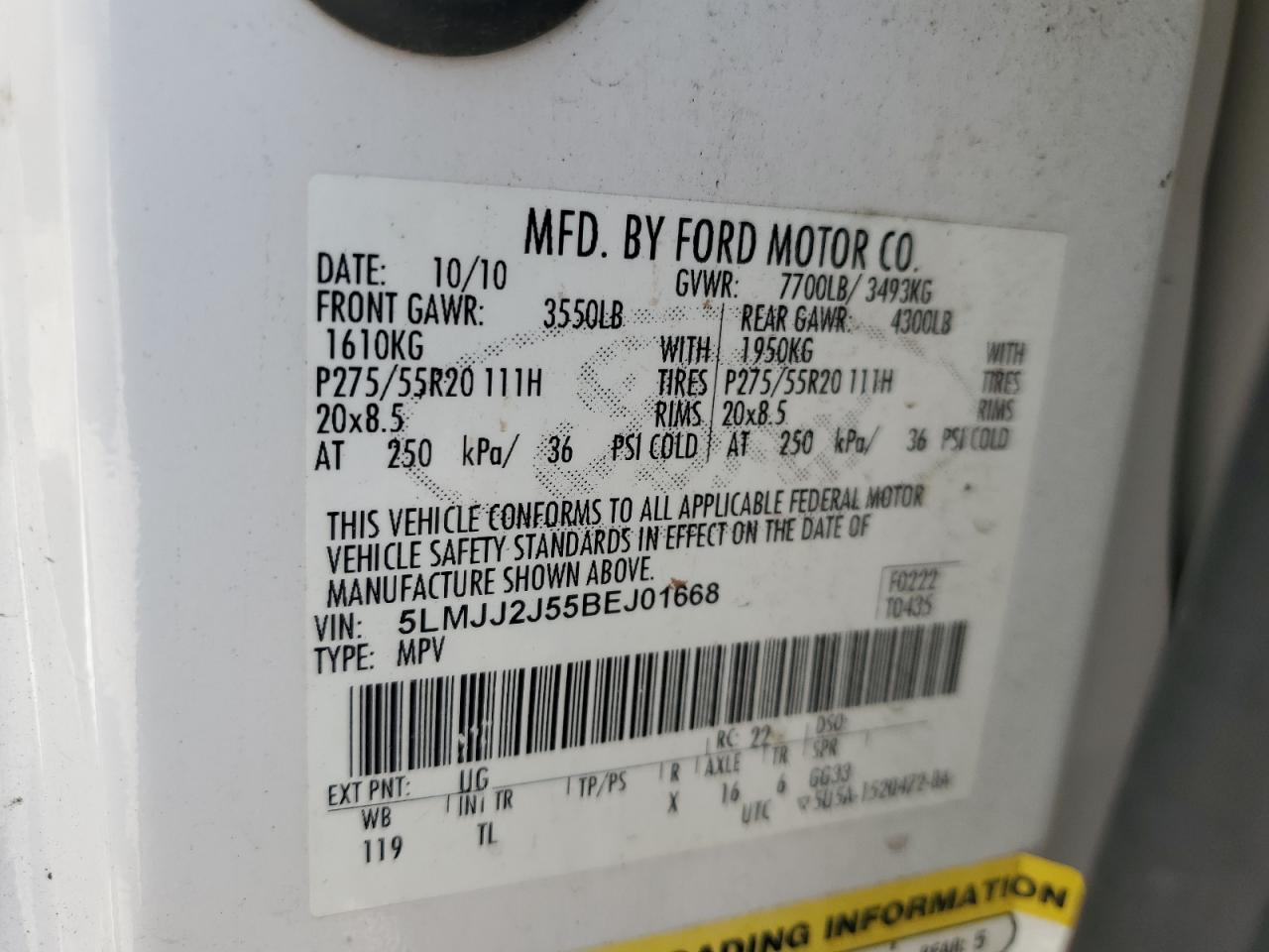 2011 Lincoln Navigator VIN: 5LMJJ2J55BEJ01668 Lot: 84554575