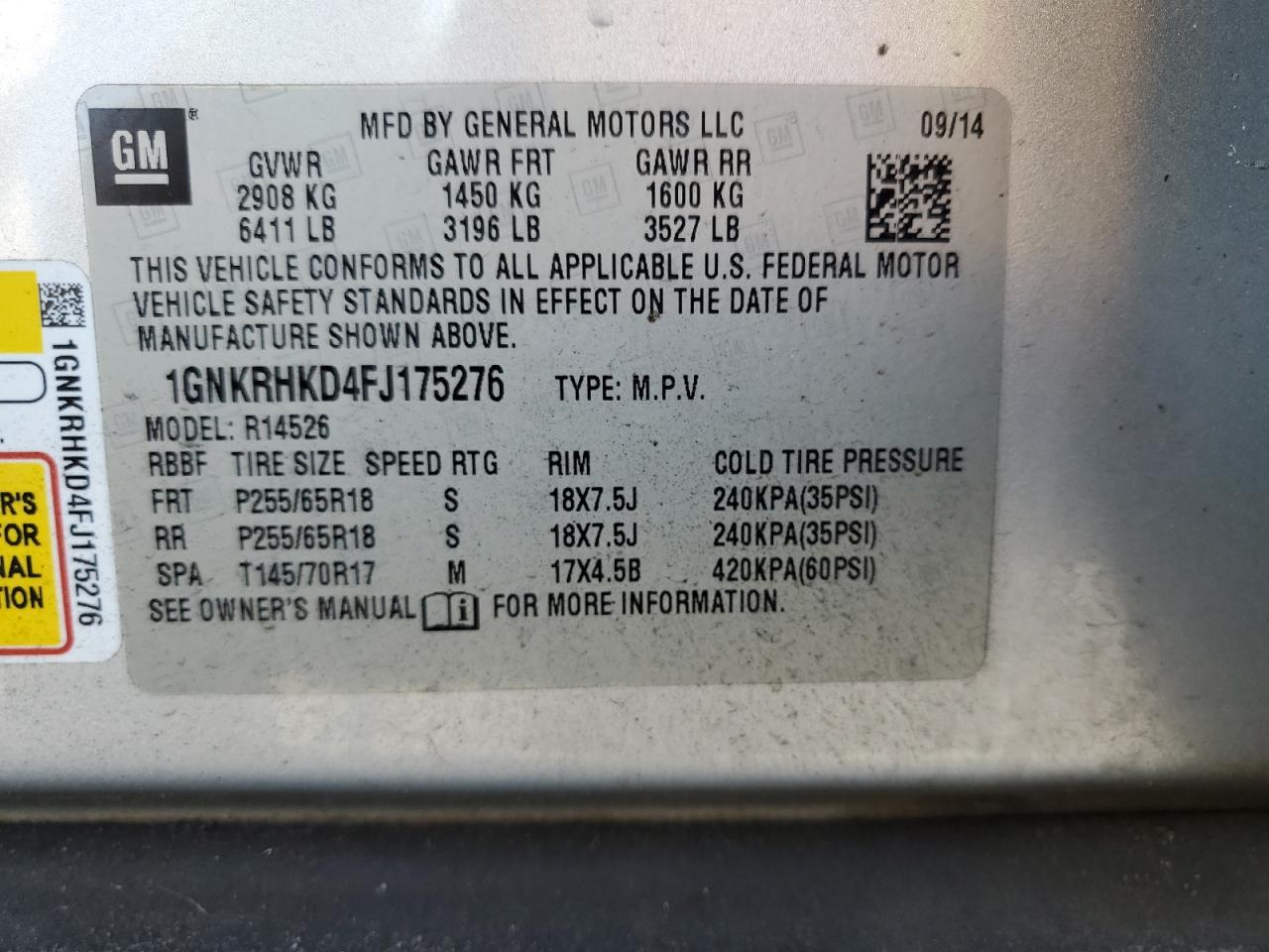 2015 Chevrolet Traverse Lt VIN: 1GNKRHKD4FJ175276 Lot: 70574925