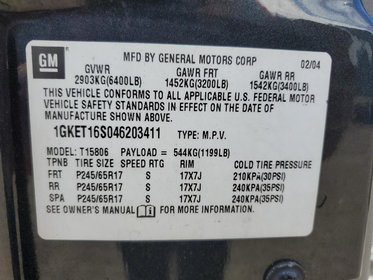 2004 GMC Envoy Xl VIN: 1GKET16S046203411 Lot: 68126125