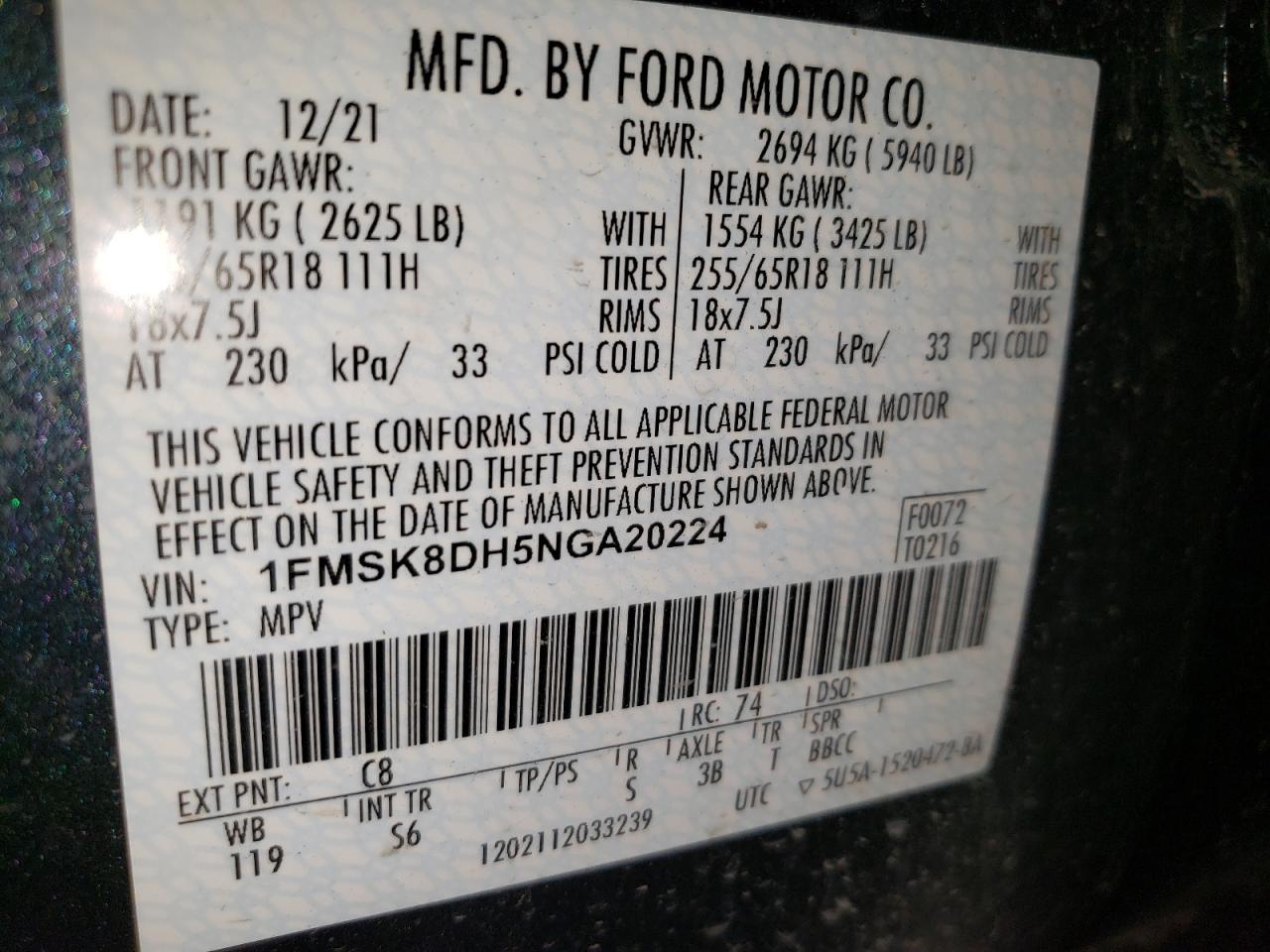 2022 Ford Explorer Xlt VIN: 1FMSK8DH5NGA20224 Lot: 68020735