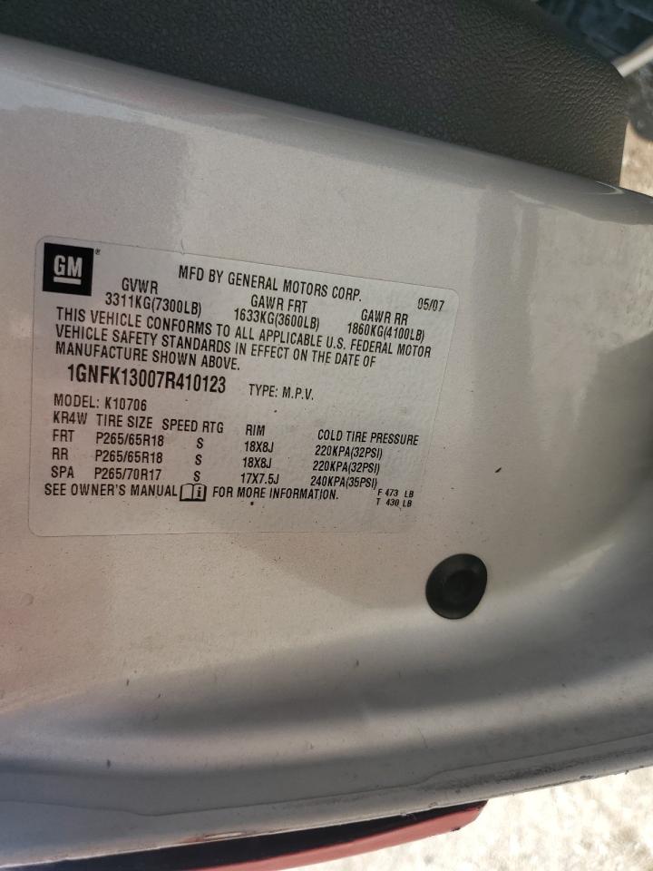 2007 Chevrolet Tahoe K1500 VIN: 1GNFK13007R410123 Lot: 69024225