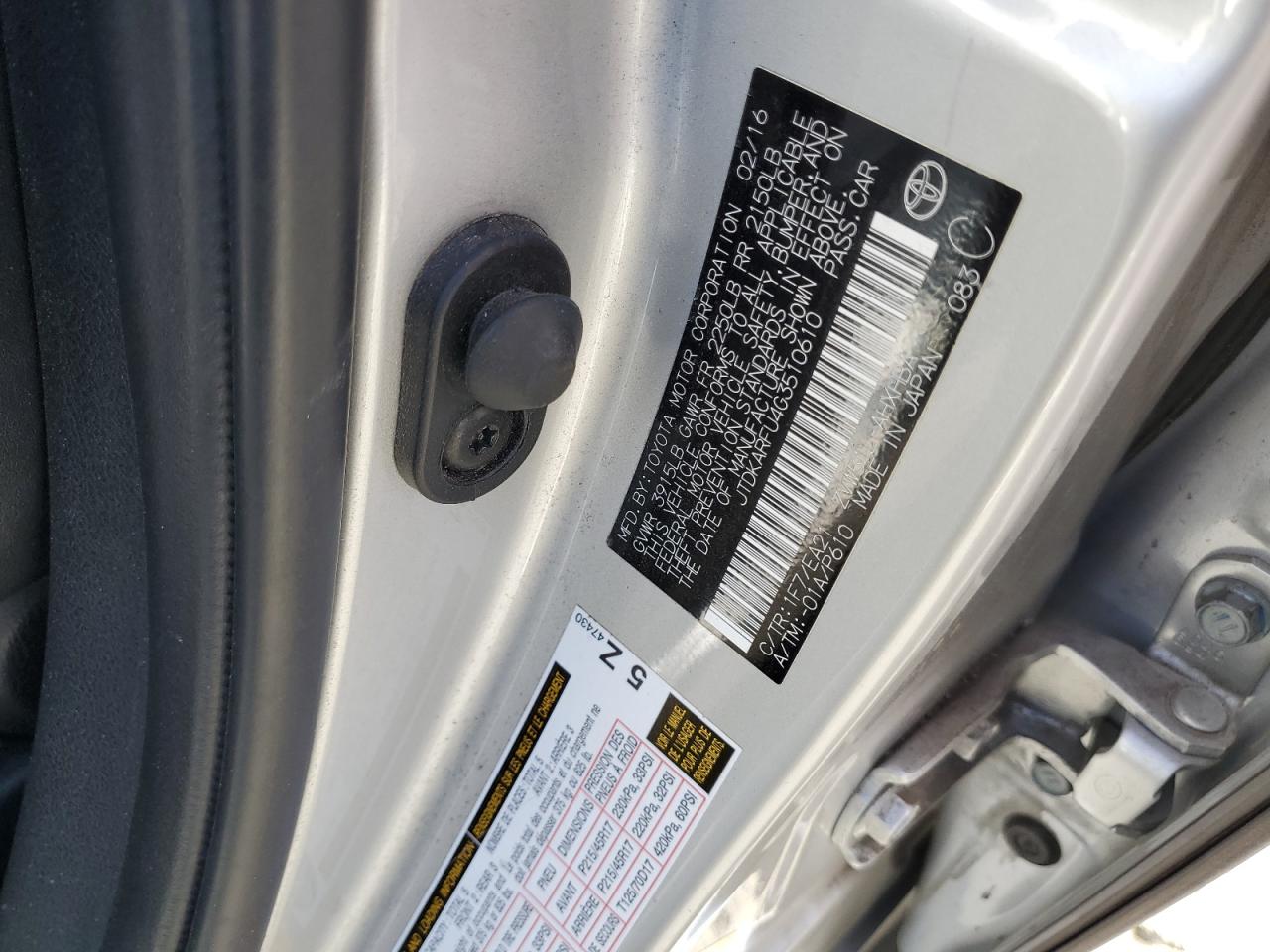 2016 Toyota Prius VIN: JTDKARFU4G3510610 Lot: 71025915