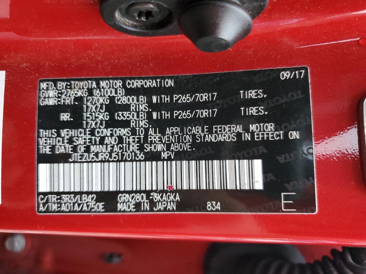 2018 Toyota 4Runner Sr5 VIN: JTEZU5JR9J5170136 Lot: 66981935