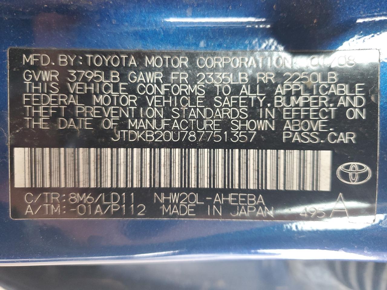 2008 Toyota Prius VIN: JTDKB20U787751357 Lot: 70020915