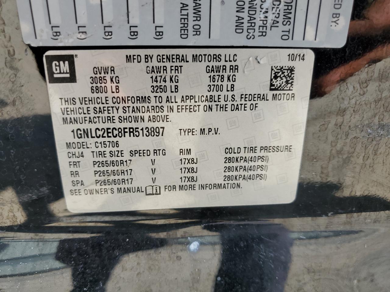 2015 Chevrolet Tahoe Police VIN: 1GNLC2EC8FR513897 Lot: 69575935