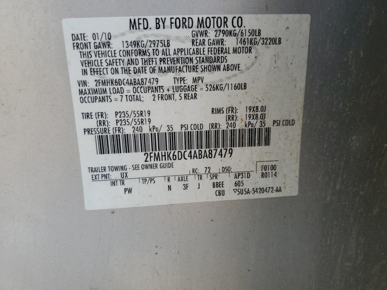 2010 Ford Flex Limited VIN: 2FMHK6DC4ABA87479 Lot: 68022755