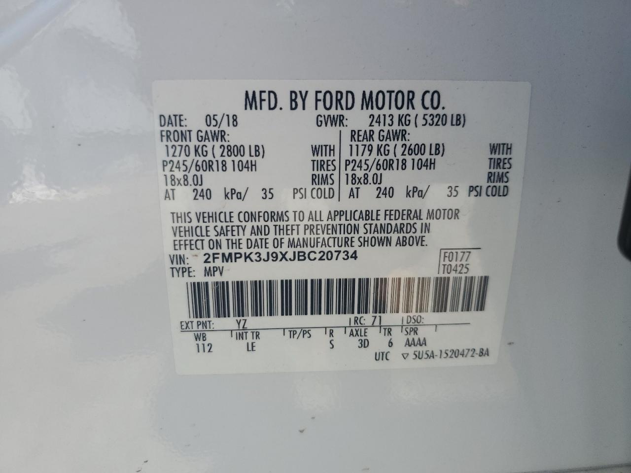 2018 Ford Edge Sel VIN: 2FMPK3J9XJBC20734 Lot: 68470855