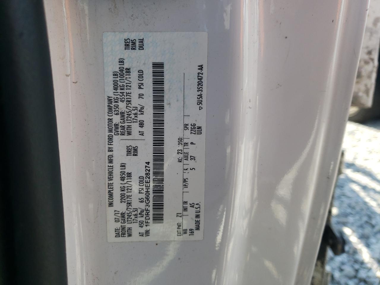 2017 Ford F350 Super Duty VIN: 1FDRF3G60HEE28274 Lot: 69721875