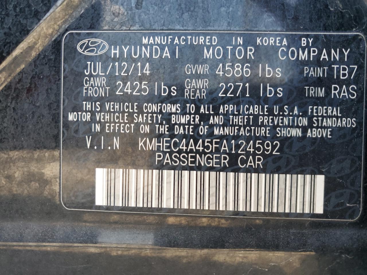 2015 Hyundai Sonata Hybrid VIN: KMHEC4A45FA124592 Lot: 69214275