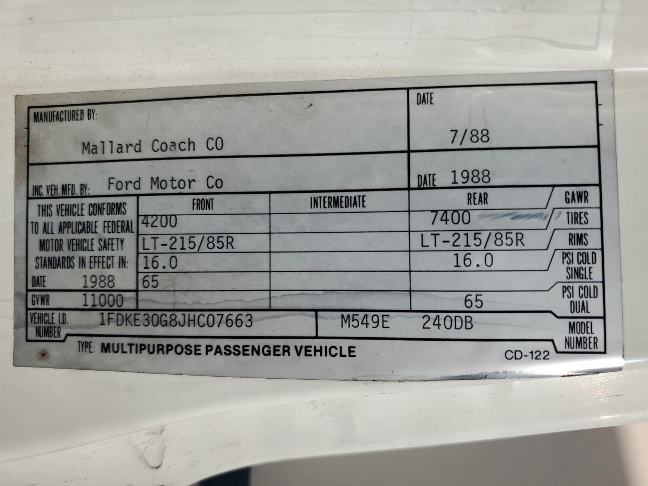 1988 Ford E250 Spr I - Rvs Rv VIN: 1FDKE30G8JHC07663 Lot: 64127435