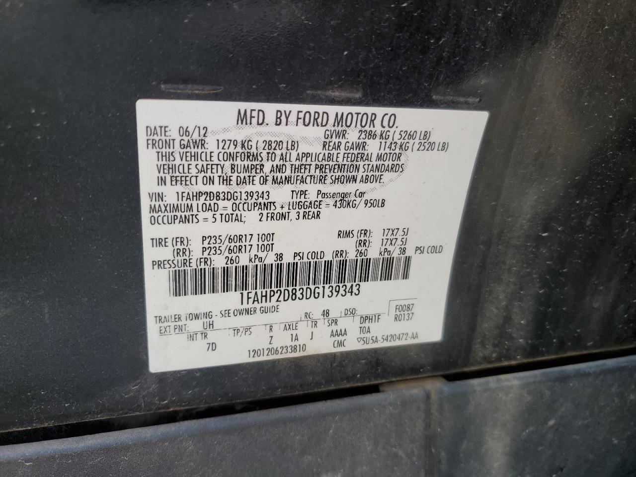 2013 Ford Taurus Se VIN: 1FAHP2D83DG139343 Lot: 67375465