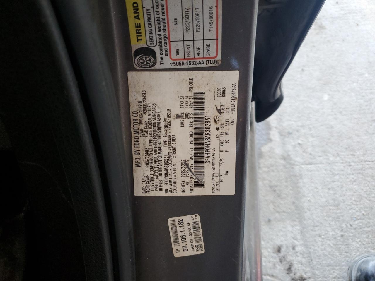 2010 Ford Fusion Se VIN: 3FAHP0HA8AR302851 Lot: 67099625