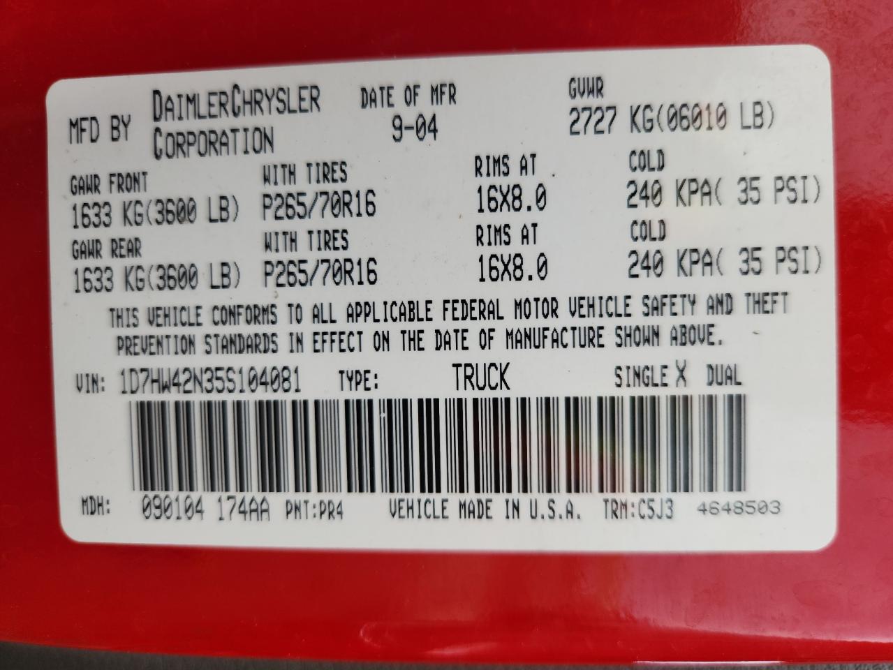 2005 Dodge Dakota Slt VIN: 1D7HW42N35S104081 Lot: 70037835