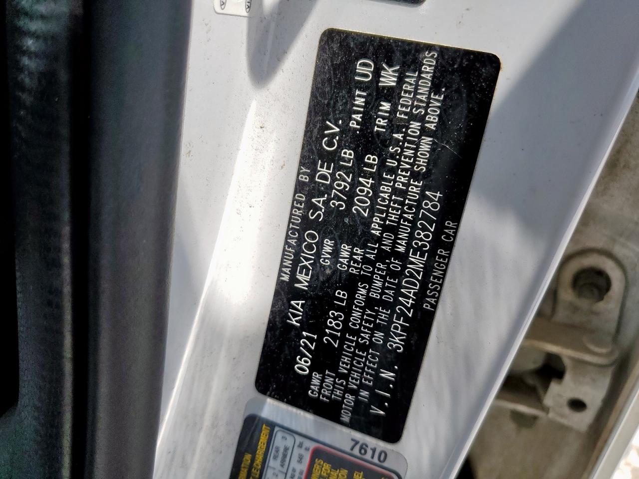 2021 Kia Forte Fe VIN: 3KPF24AD2ME382784 Lot: 68195305