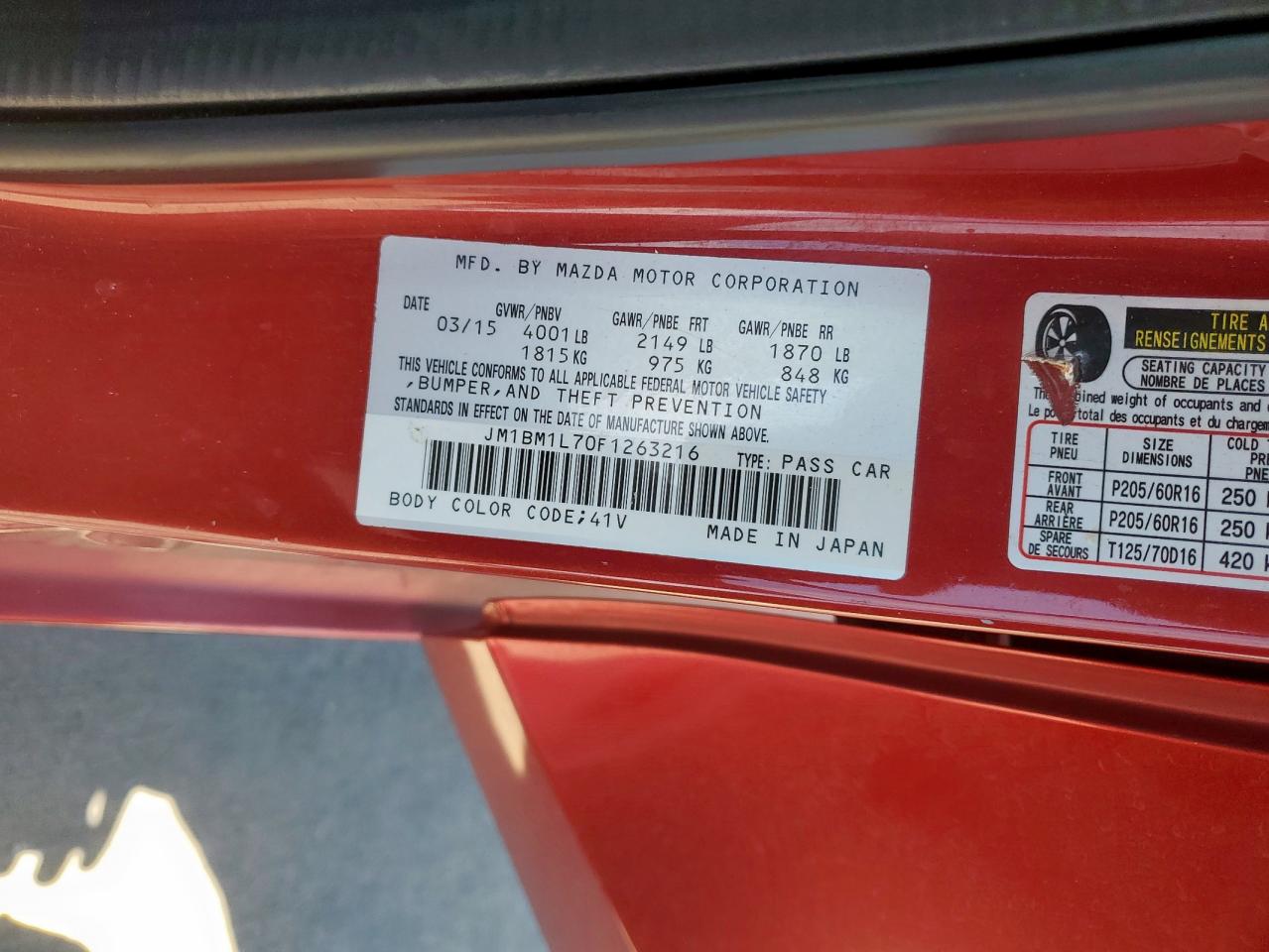 2015 Mazda 3 Touring VIN: JM1BM1L70F1263216 Lot: 67278515