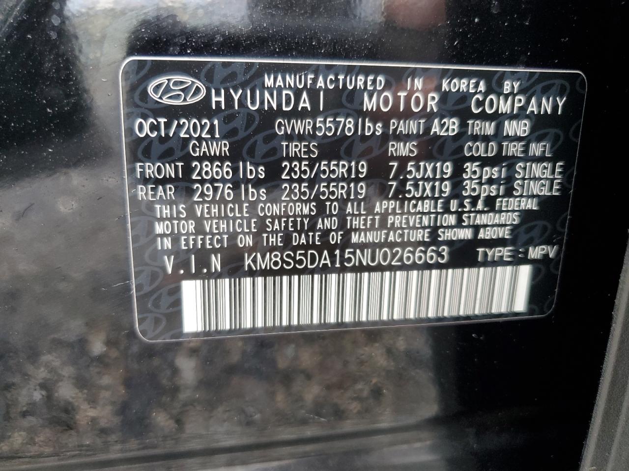 2022 Hyundai Santa Fe Limited VIN: KM8S5DA15NU026663 Lot: 69520925