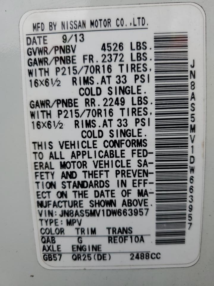 2013 Nissan Rogue S VIN: JN8AS5MV1DW663957 Lot: 69504485