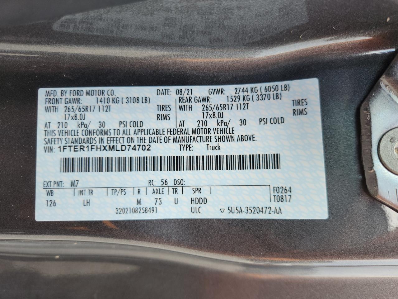 2021 Ford Ranger Xl VIN: 1FTER1FHXMLD74702 Lot: 68297735