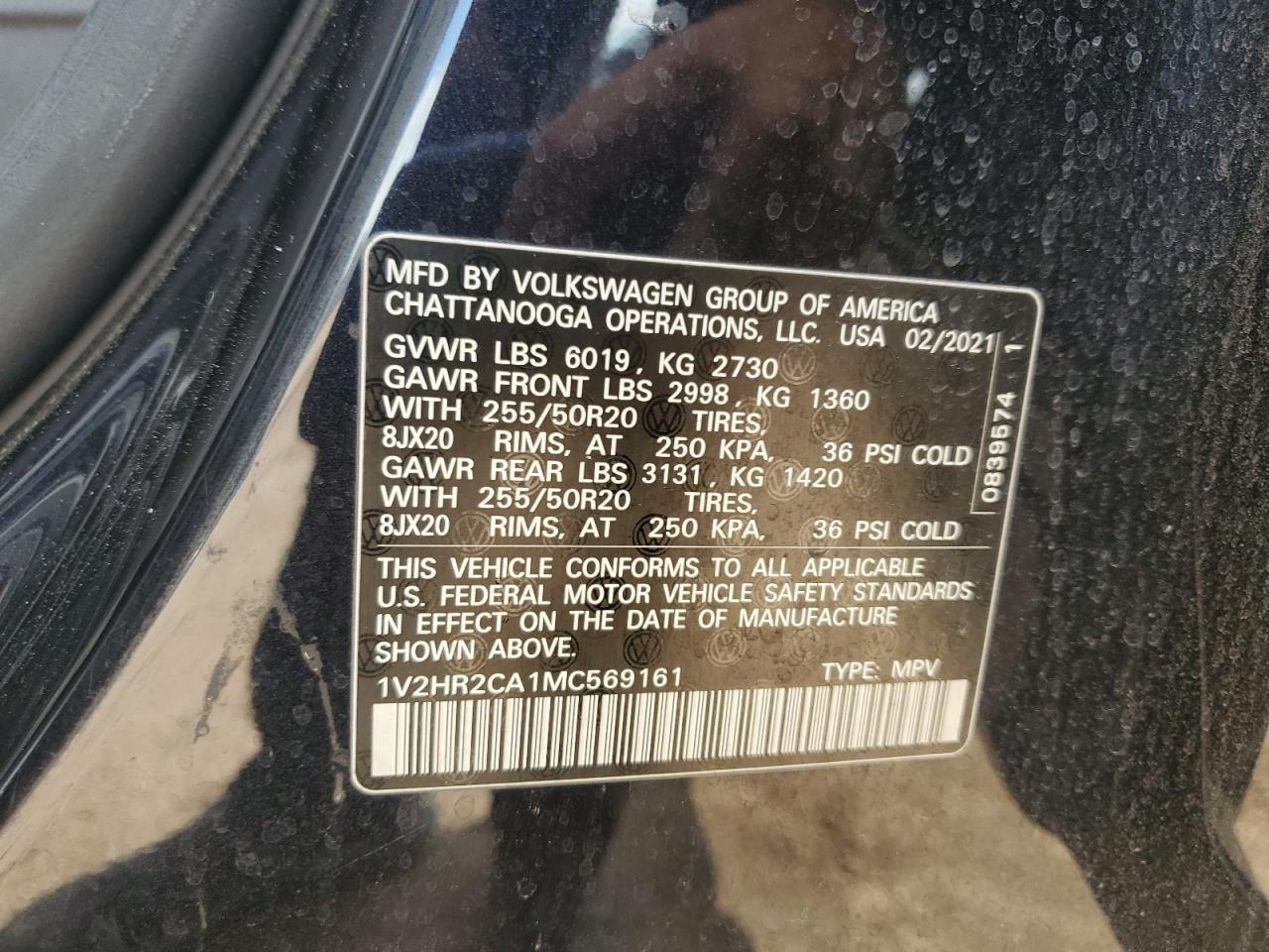 2021 Volkswagen Atlas Se VIN: 1V2HR2CA1MC569161 Lot: 71024495