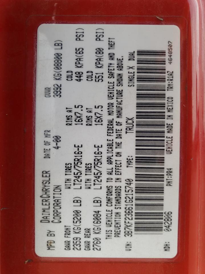 2001 Dodge Ram 2500 VIN: 3B7KF23661G215740 Lot: 70386685