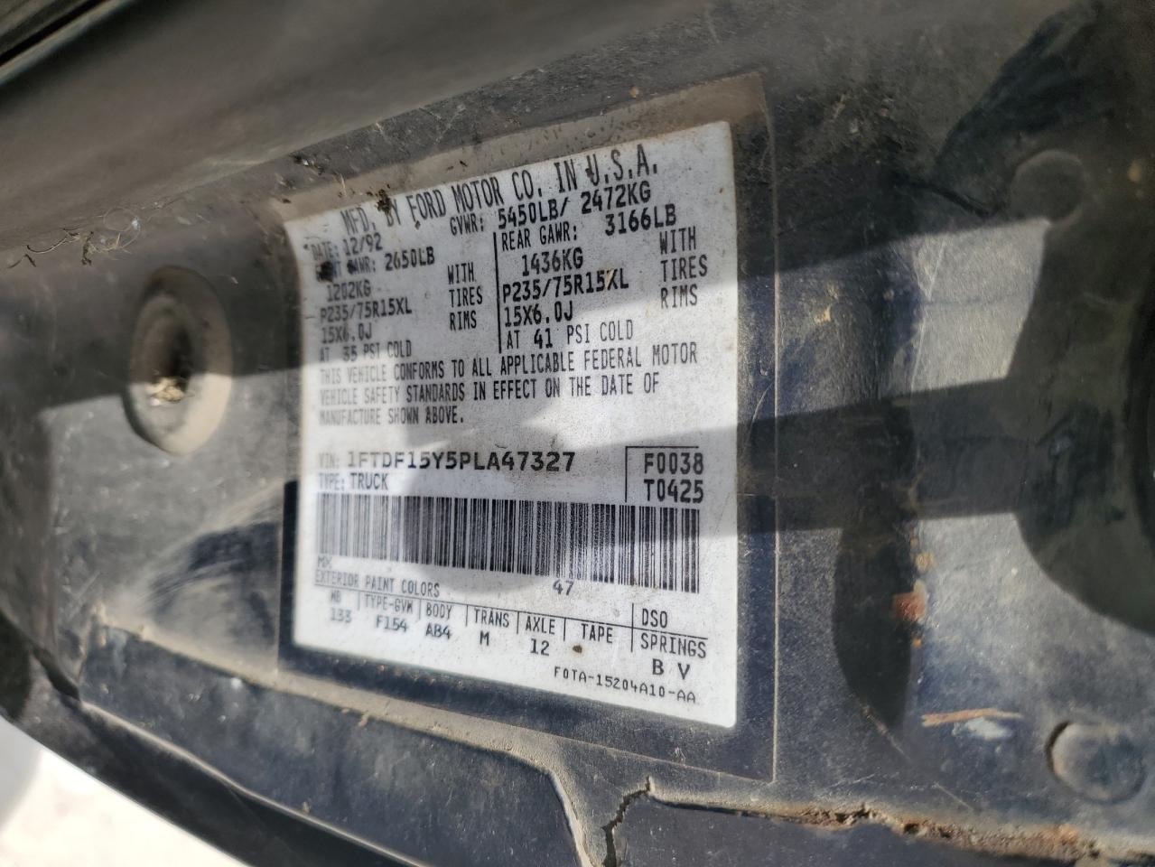 1993 Ford F150 VIN: 1FTDF15Y5PLA47327 Lot: 67638935