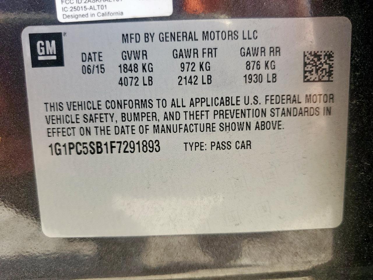 2015 Chevrolet Cruze Lt VIN: 1G1PC5SB1F7291893 Lot: 67725875