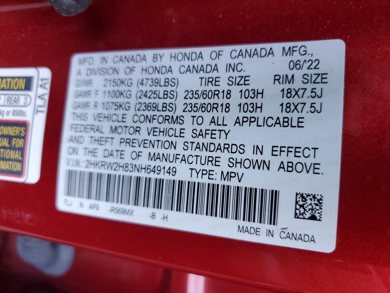 2022 Honda Cr-V Exl VIN: 2HKRW2H83NH649149 Lot: 68284685