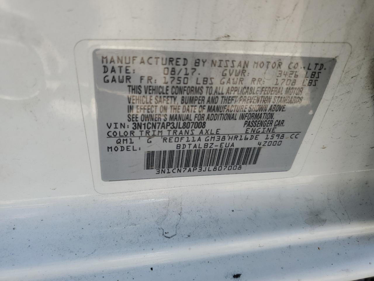 2018 Nissan Versa S VIN: 3N1CN7AP3JL807008 Lot: 67581755