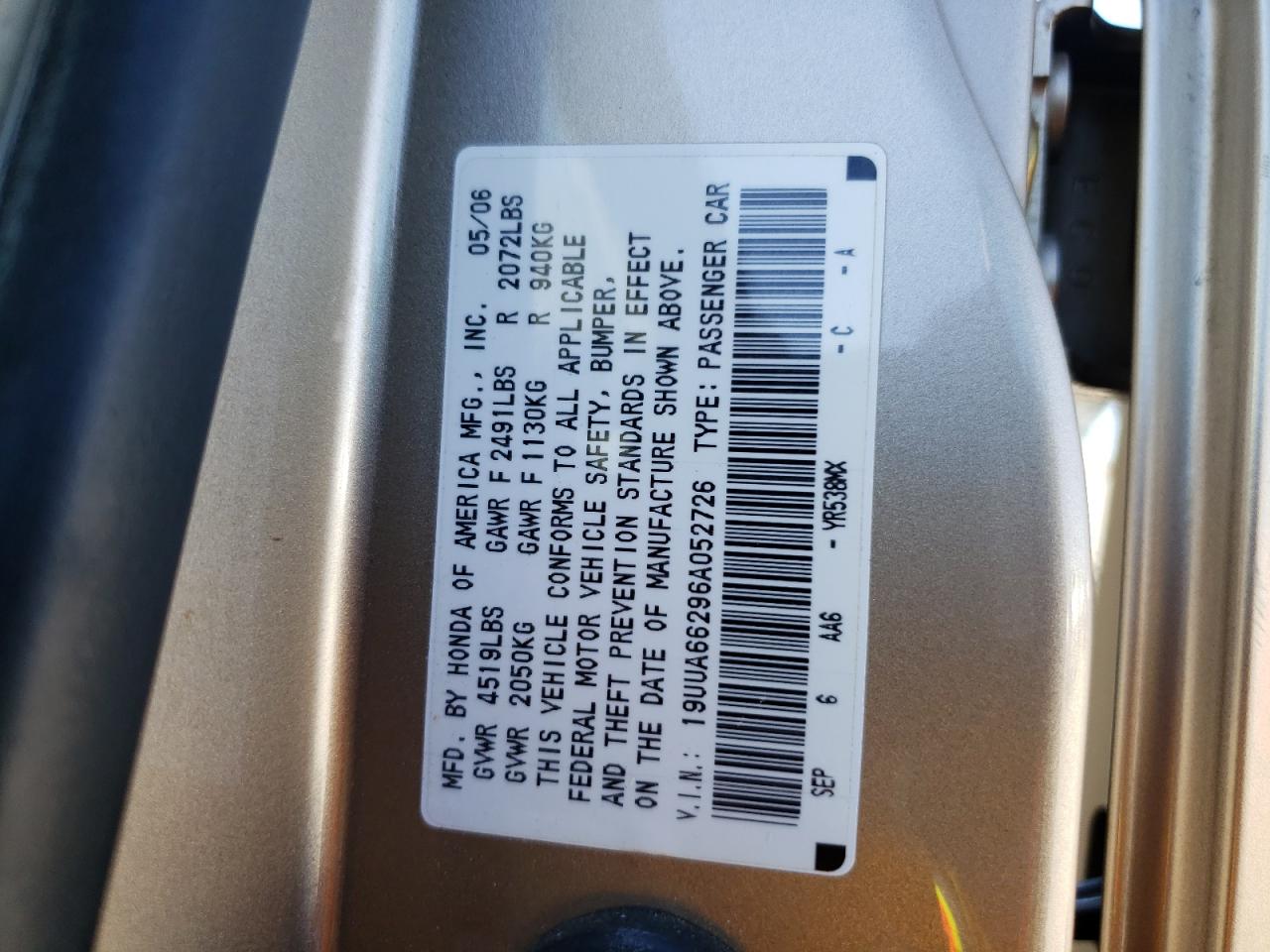2006 Acura 3.2Tl VIN: 19UUA66296A052726 Lot: 67388685