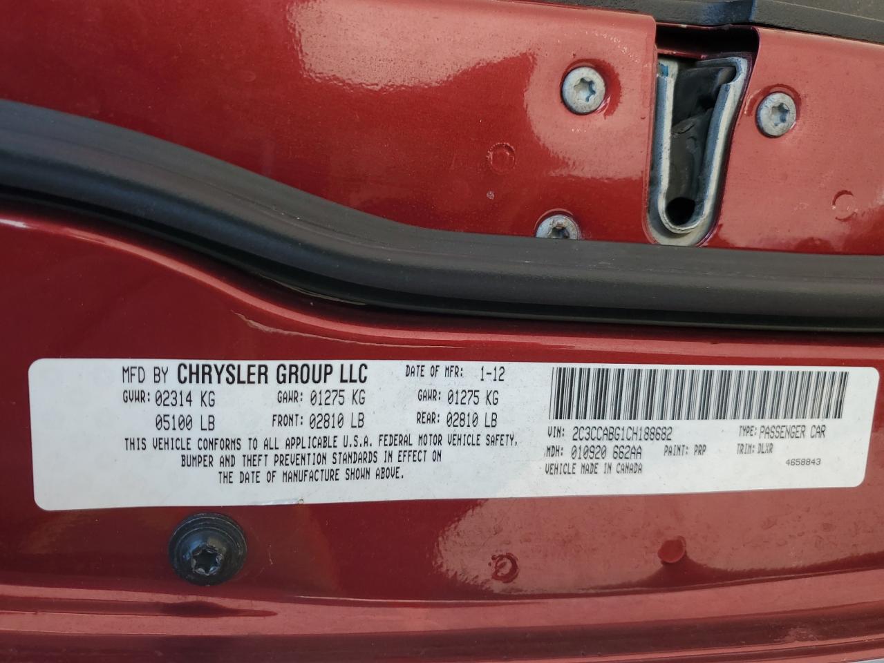 2012 Chrysler 300 S VIN: 2C3CCABG1CH188682 Lot: 68203435