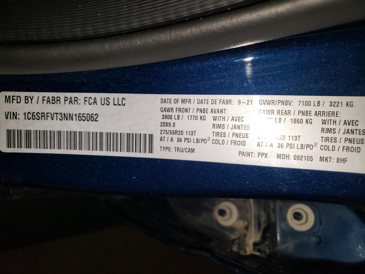 2022 Ram 1500 Sport VIN: 1C6SRFVT3NN165062 Lot: 70023995
