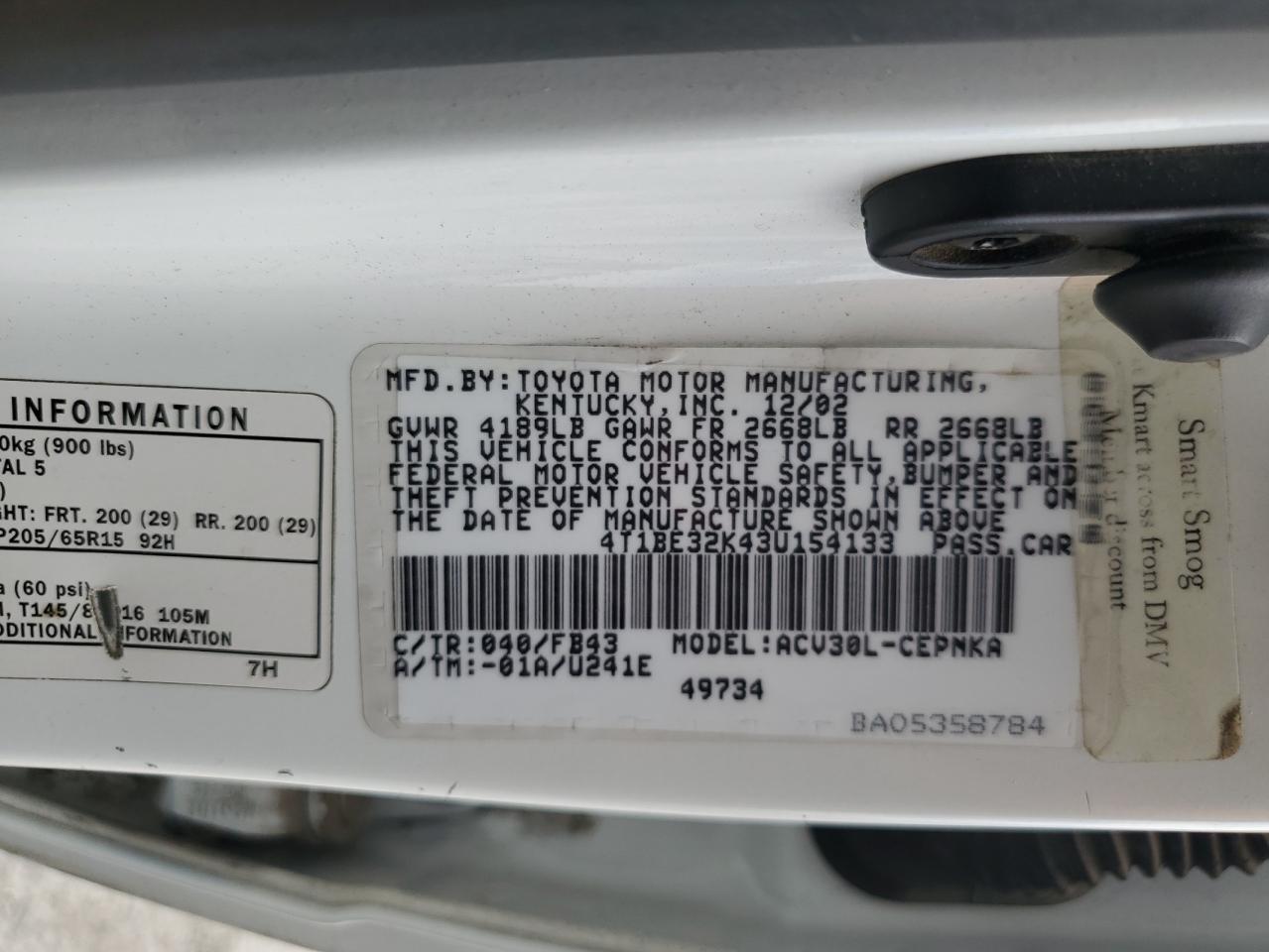 2003 Toyota Camry Le VIN: 4T1BE32K43U154133 Lot: 69992915