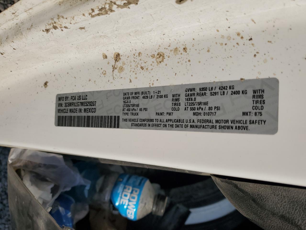 2021 Ram Promaster 3500 3500 High VIN: 3C6MRVJG7ME529207 Lot: 67514995