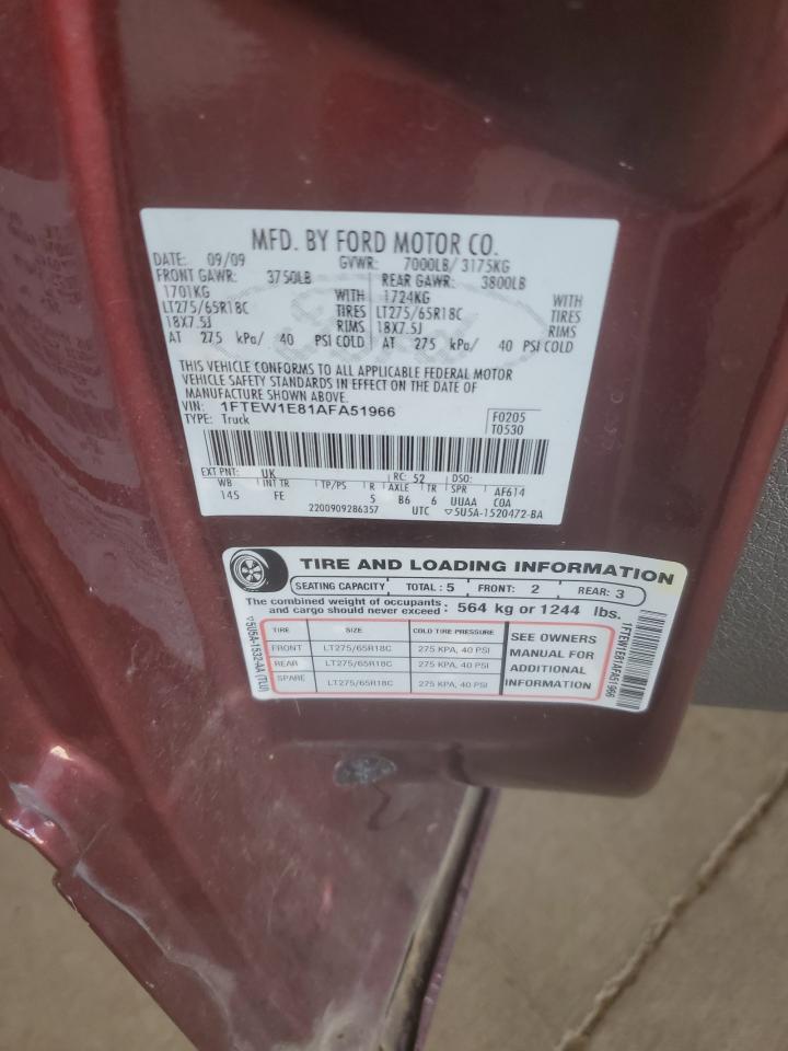 2010 Ford F150 Supercrew VIN: 1FTEW1E81AFA51966 Lot: 70913445