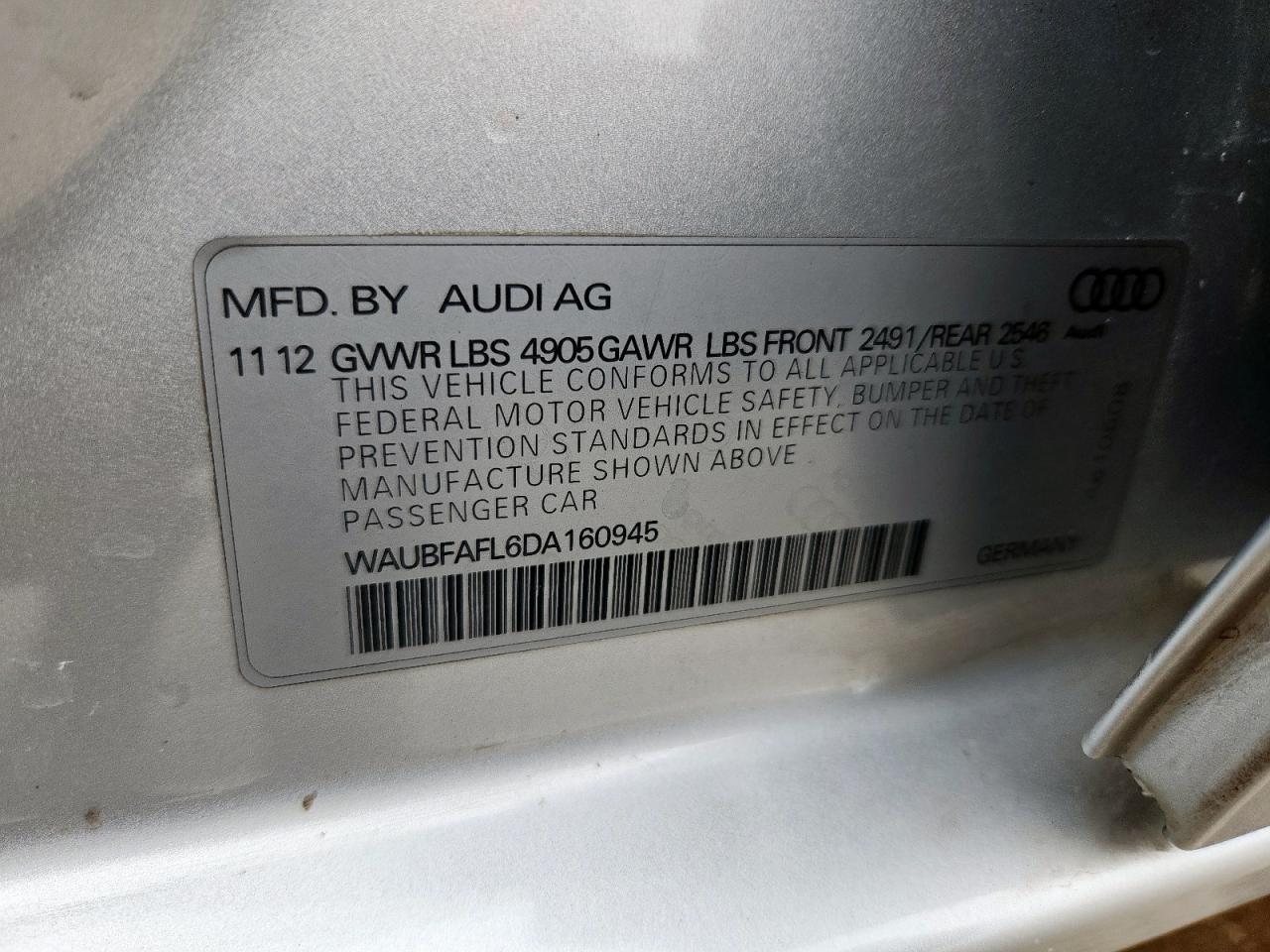 2013 Audi A4 Premium VIN: WAUBFAFL6DA160945 Lot: 70356525