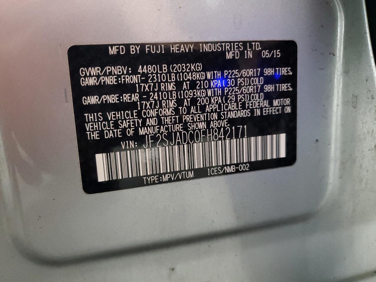 2015 Subaru Forester 2.5I Premium VIN: JF2SJADC0FH842171 Lot: 70405435