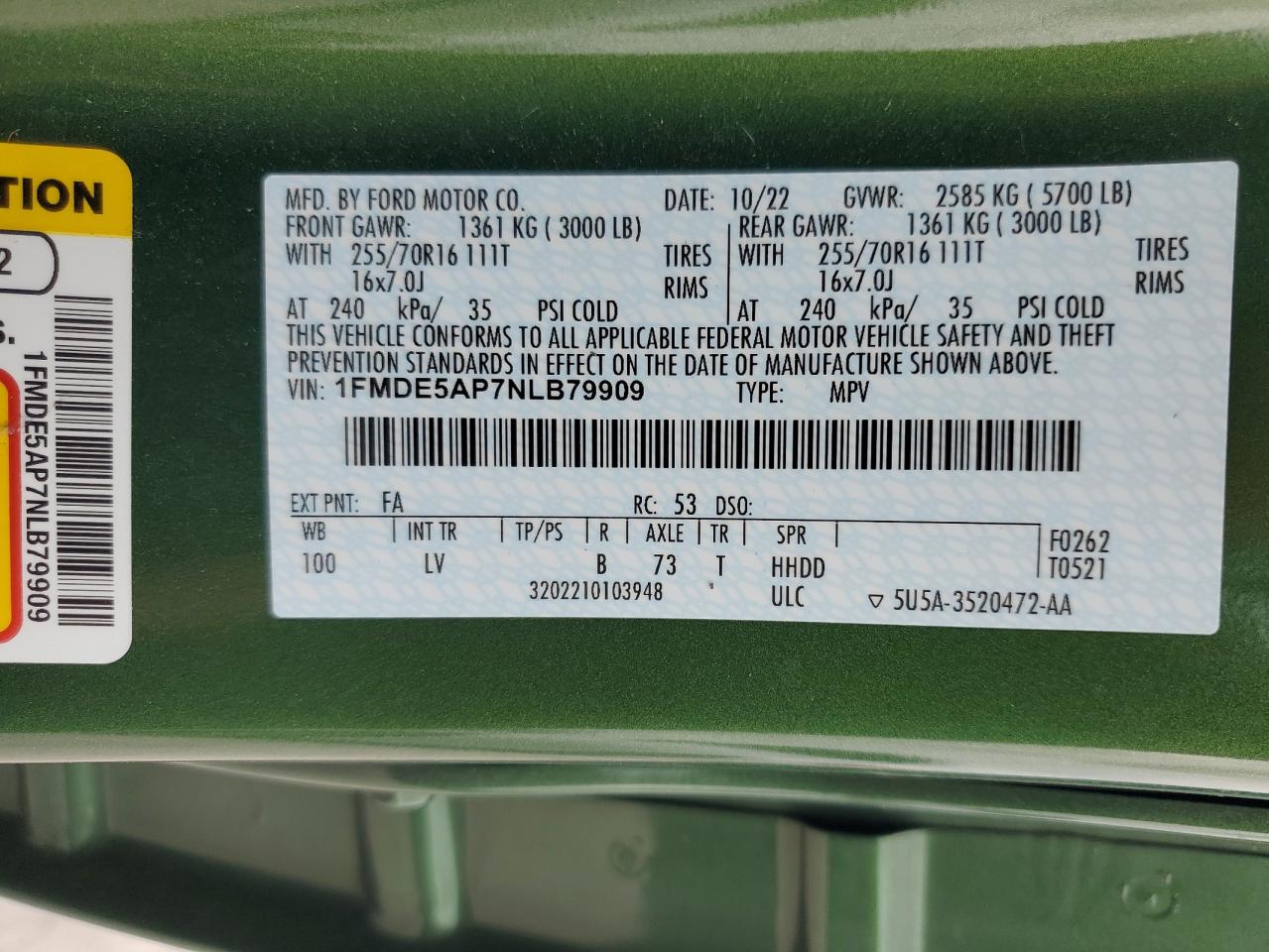 2022 Ford Bronco Base VIN: 1FMDE5AP7NLB79909 Lot: 70059645