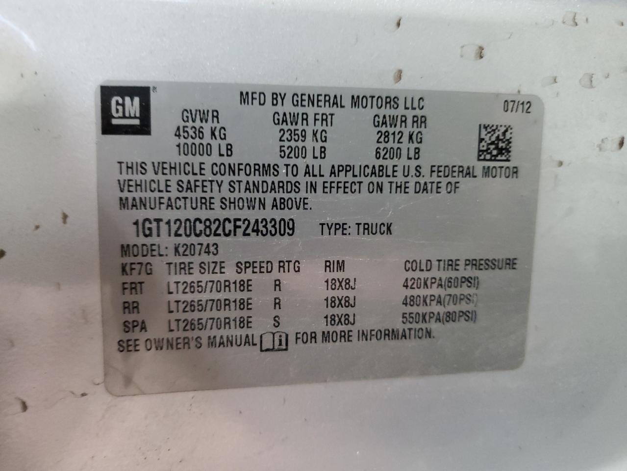 2012 GMC Sierra K2500 Sle VIN: 1GT120C82CF243309 Lot: 69814995