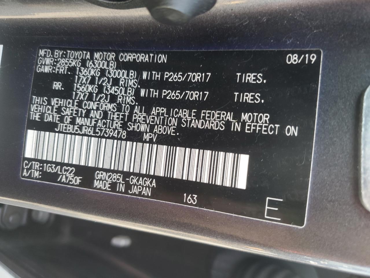 2020 Toyota 4Runner Sr5/Sr5 Premium VIN: JTEBU5JR6L5739478 Lot: 66879995