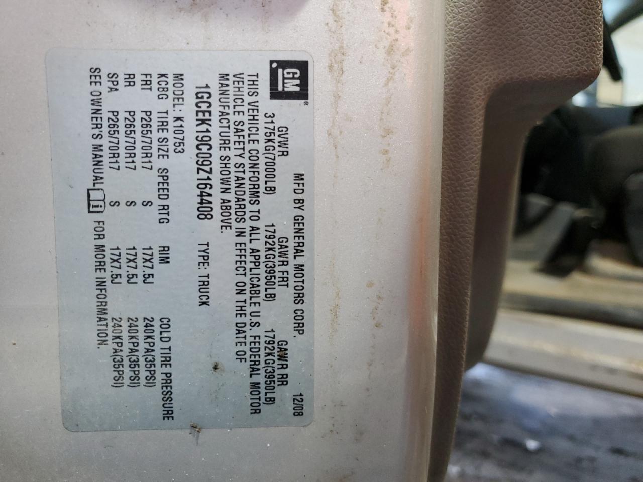 2009 Chevrolet Silverado K1500 VIN: 1GCEK19C09Z164408 Lot: 68842795