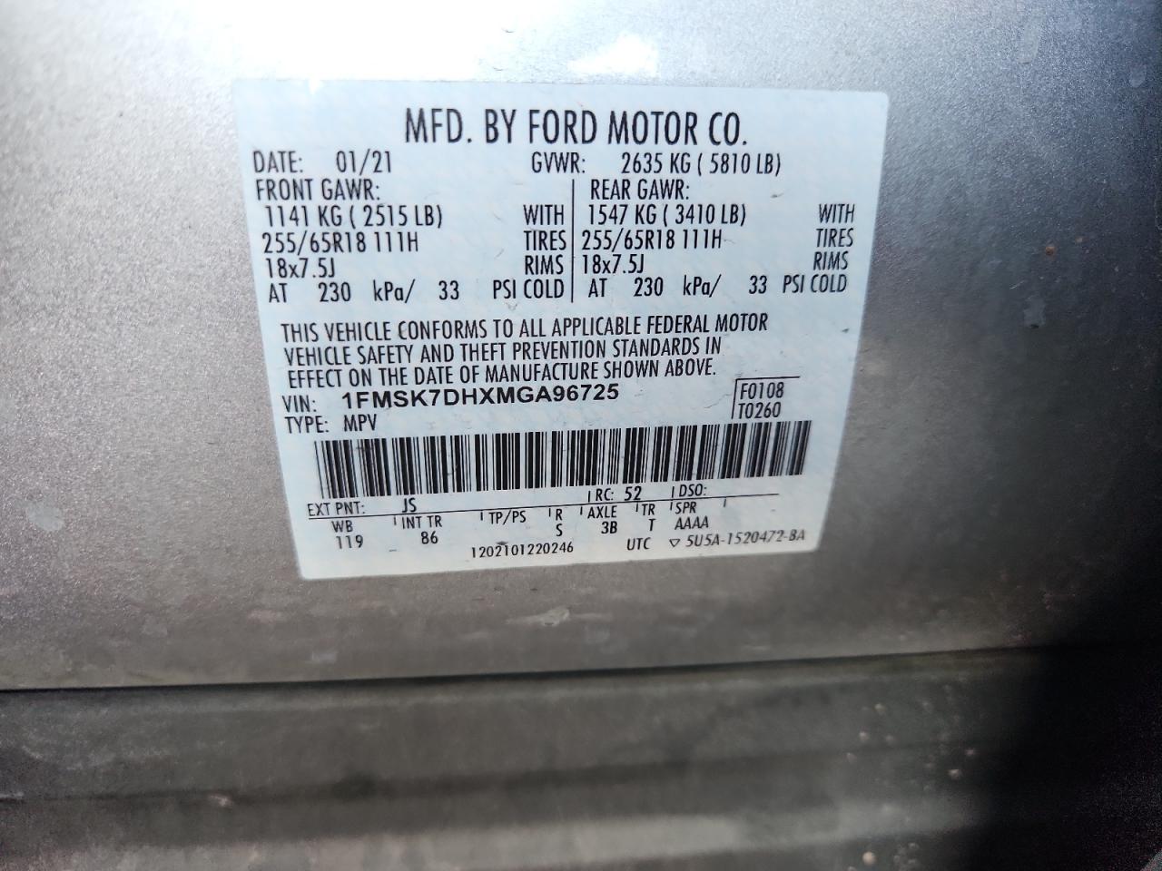 2021 Ford Explorer Xlt VIN: 1FMSK7DHXMGA96725 Lot: 69050335