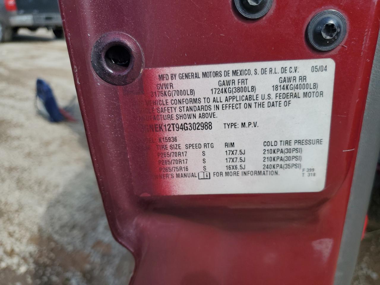 2004 Chevrolet Avalanche K1500 VIN: 3GNEK12T94G302988 Lot: 69610635