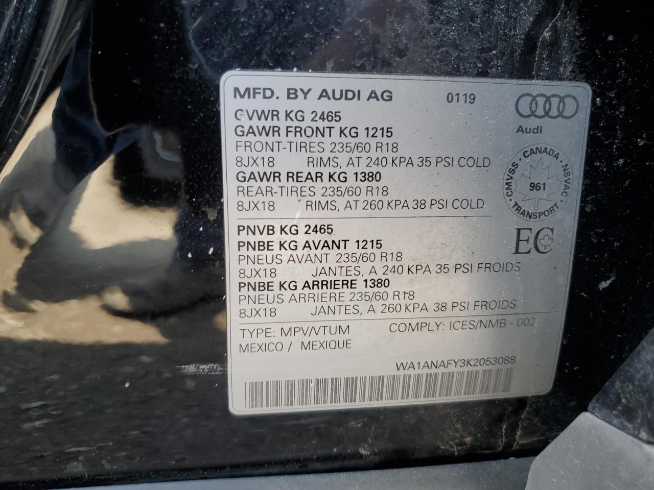 2019 Audi Q5 Premium VIN: WA1ANAFY3K2053088 Lot: 66258535