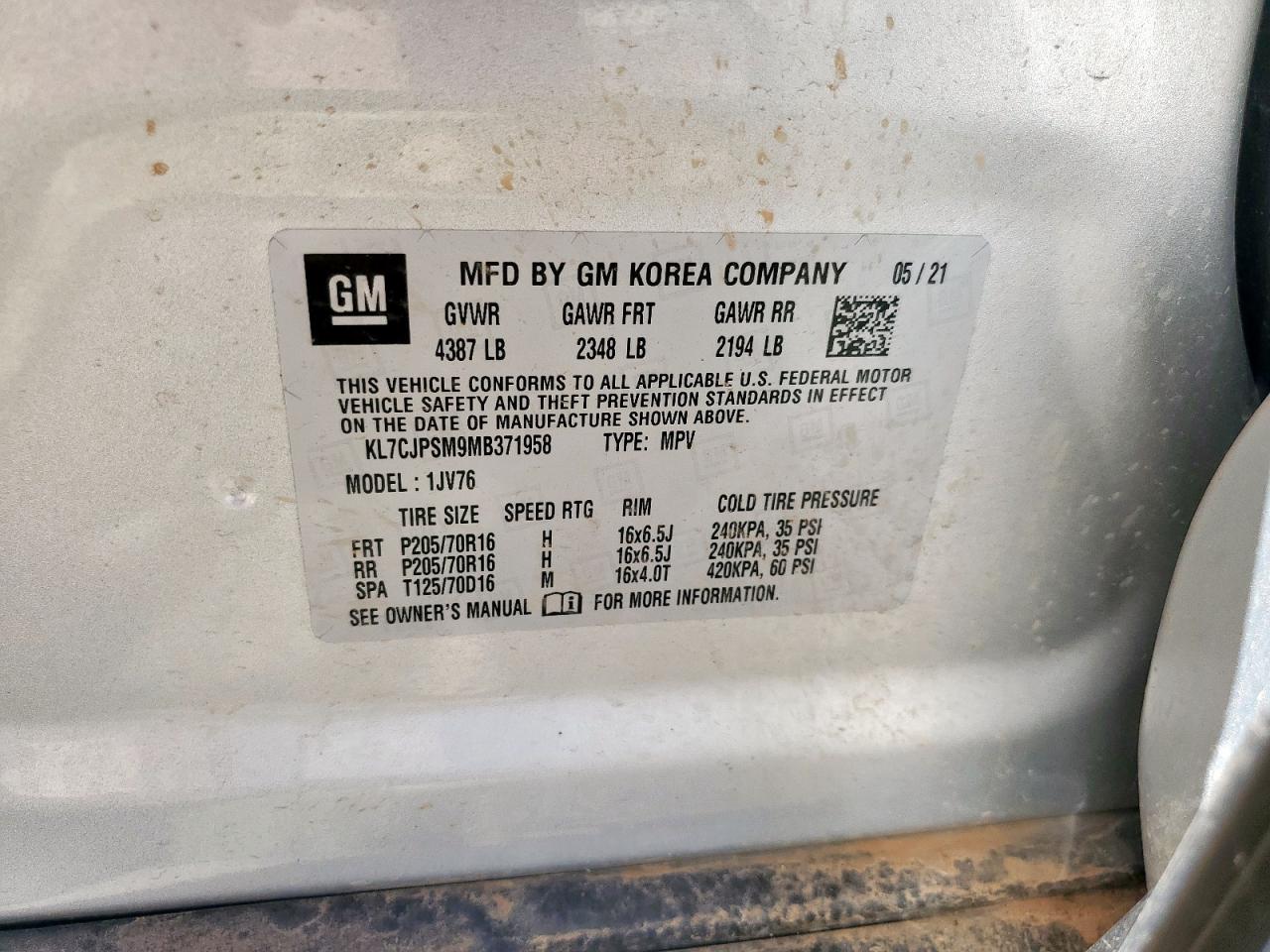 2021 Chevrolet Trax 1Lt VIN: KL7CJPSM9MB371958 Lot: 70209785