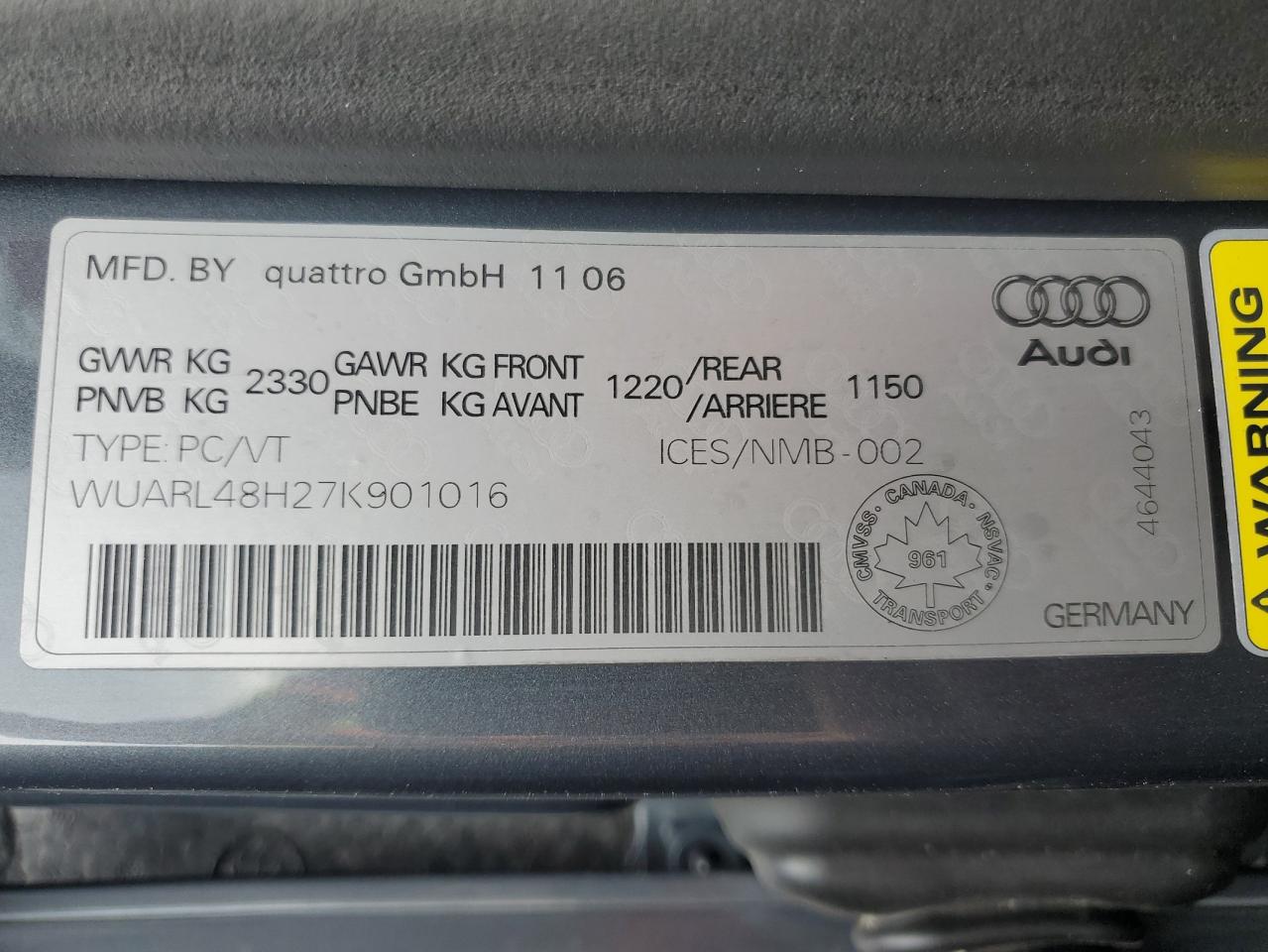 2007 Audi S4 Quattro Cabriolet VIN: WUARL48H27K901016 Lot: 67889725