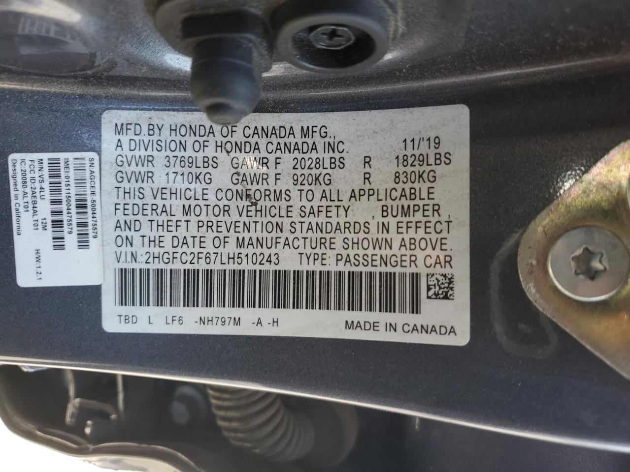 2020 Honda Civic Lx VIN: 2HGFC2F67LH510243 Lot: 67932315